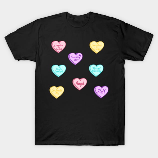 Fanfiction Trope Loveheart Stickers T-Shirt by TheHermitCrab